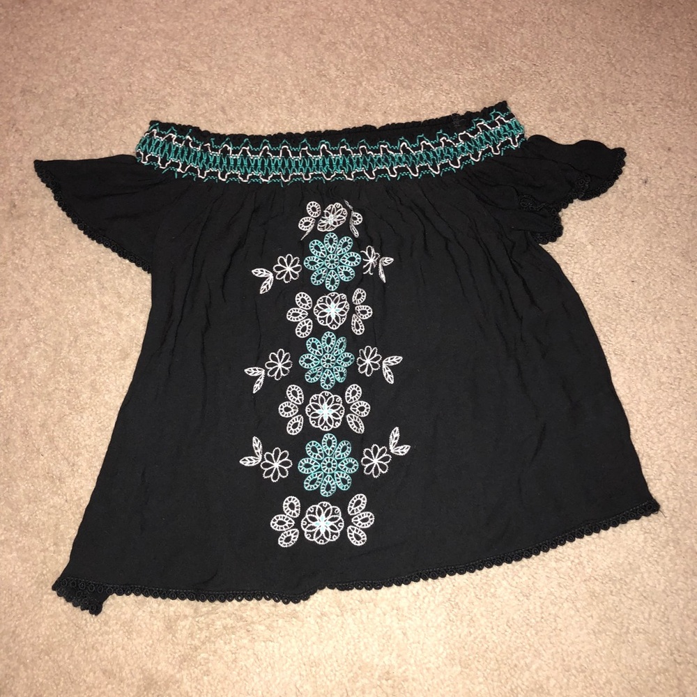 off the shoulder navy blue shirt